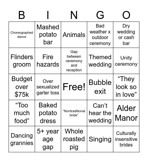 New Four Weddings Card Bingo Card