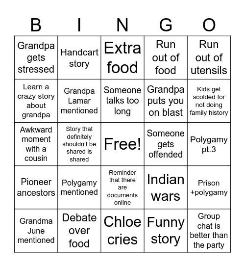 Olsen Family Reunion Bingo Card