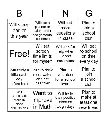 BINGO - Goal for New Academic Year Bingo Card