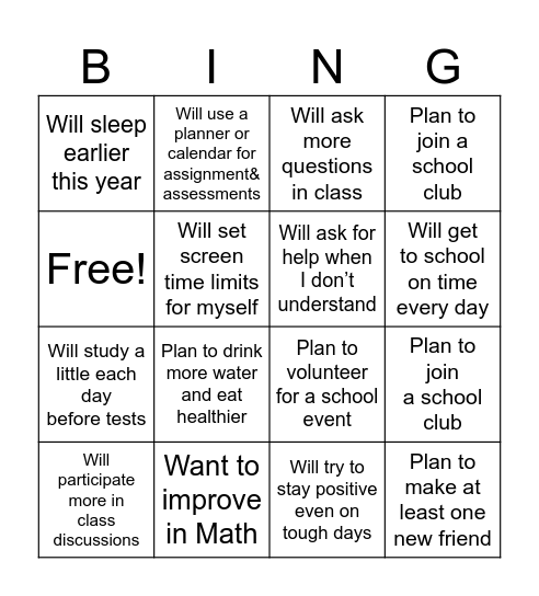 BINGO - Goal for New Academic Year Bingo Card