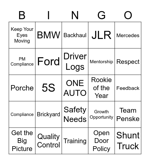 Penske Bingo Card
