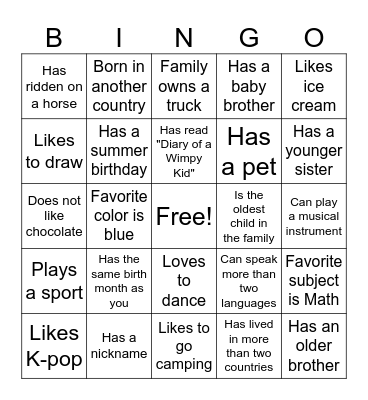 Classmate Bingo Card