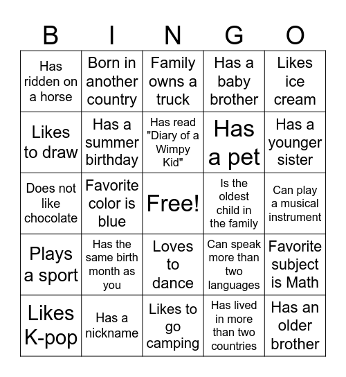 Classmate Bingo Card