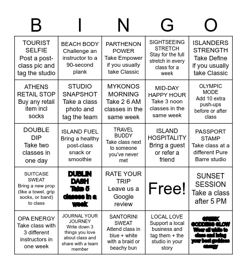 PASSPORT TO PURE BARRE BINGO Card