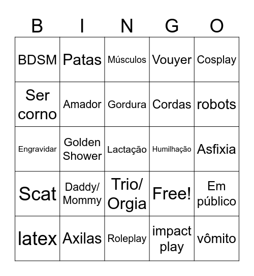 Fetsih Bingo Card