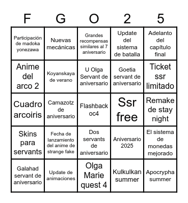 Fate Grand order 10th anniversary Bingo Card