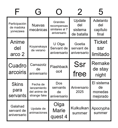 Fate Grand order 10th anniversary Bingo Card