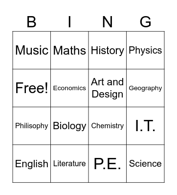 Subject Bingo Card
