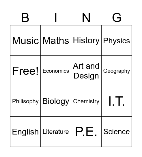 Subject Bingo Card