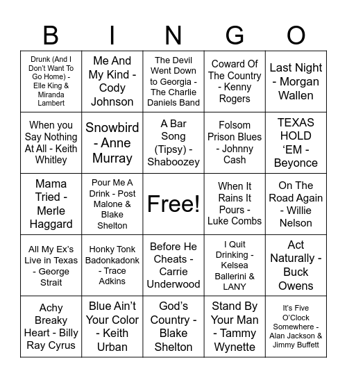 Country Musical Bingo Card