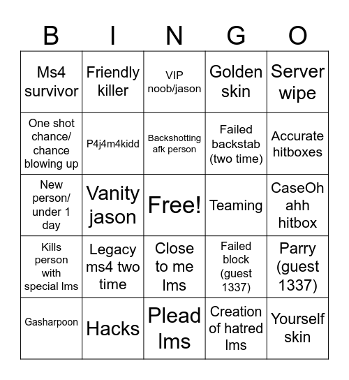 Forsaken Bingo Card