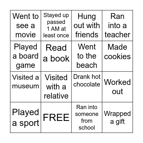 Youth holiday Bingo Card