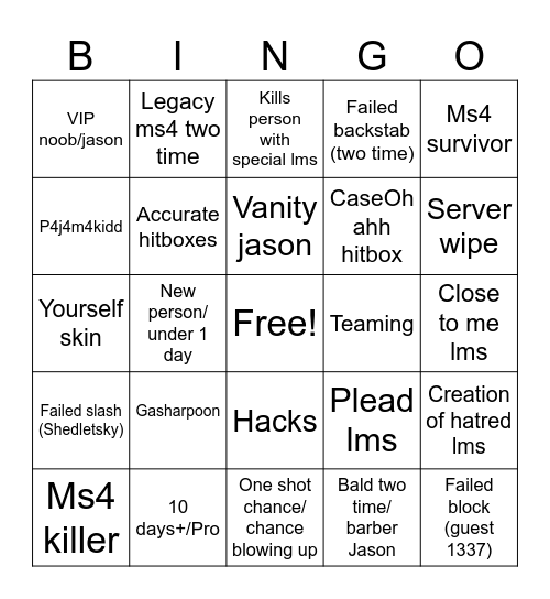 Forsaken Bingo Card