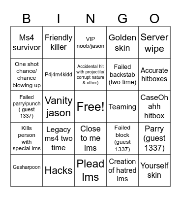Forsaken Bingo Card