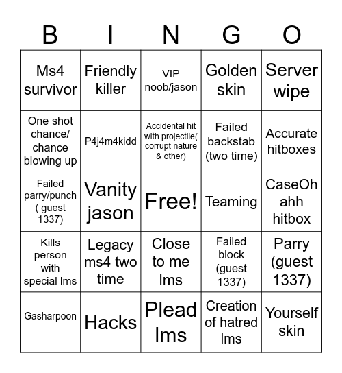 Forsaken Bingo Card