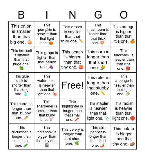 B5 L12 This watermelon is heavier than that light one. 🍉 Bingo Card