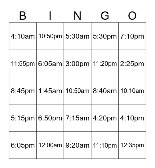 Military Time Bingo - 24 to 12 hour Bingo Card