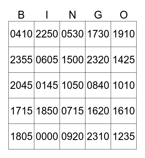 Military Time Bingo - 12 to 24 hour Bingo Card