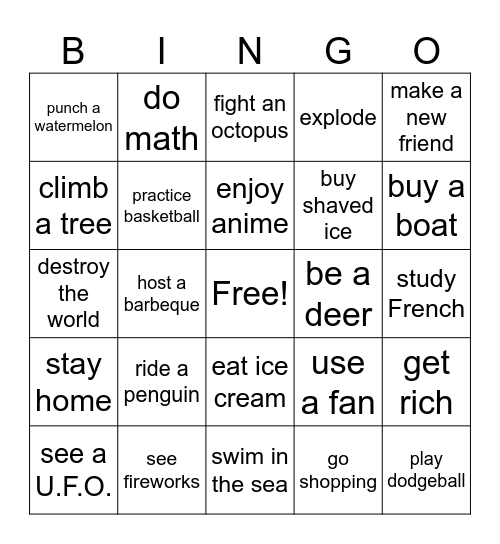 Summer Vacation Bingo Card