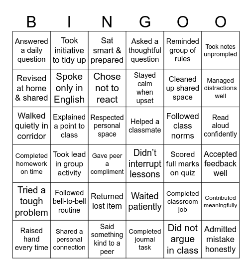 Classroom Bingo Card