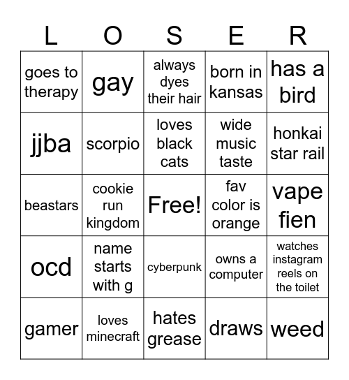 loser Bingo Card