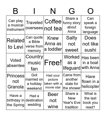 Anna's Shower Bingo Card