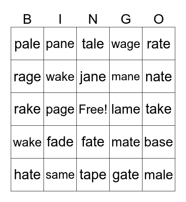 LONG "a" Phonics Bingo Card