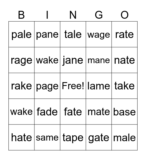 LONG "a" Phonics Bingo Card