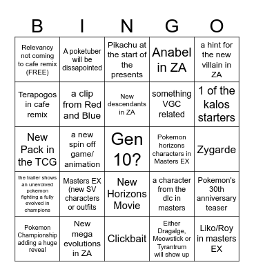 Pokemon Presents Bingo Card
