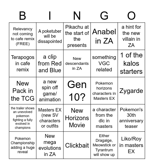 Pokemon Presents Bingo Card