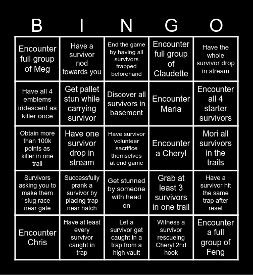 DBD Killer Bingo Card