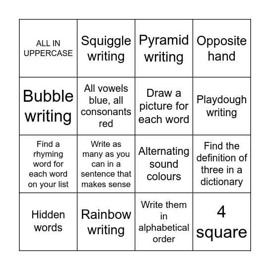 Spelling Bingo Card