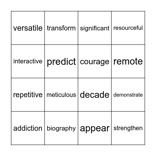 S3 Vocabulary Bingo Card
