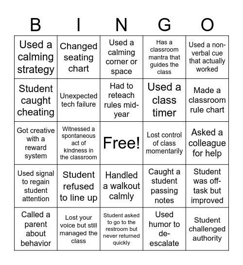 Classroom Chaos BINGO Card