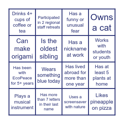 EcoPeace Human Bingo #7 Bingo Card