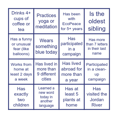 EcoPeace Human Bingo #5 Bingo Card