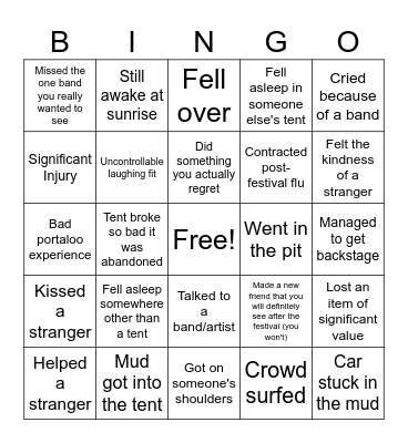 Music festival Bingo Card