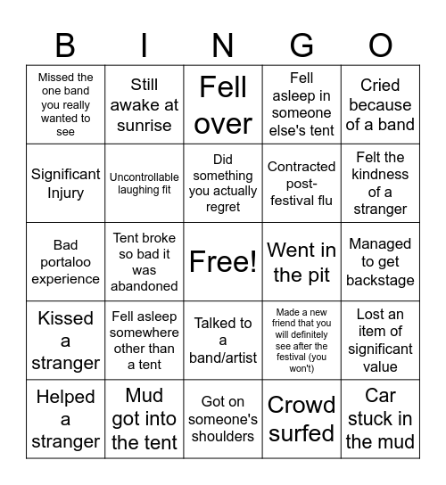 Music festival Bingo Card