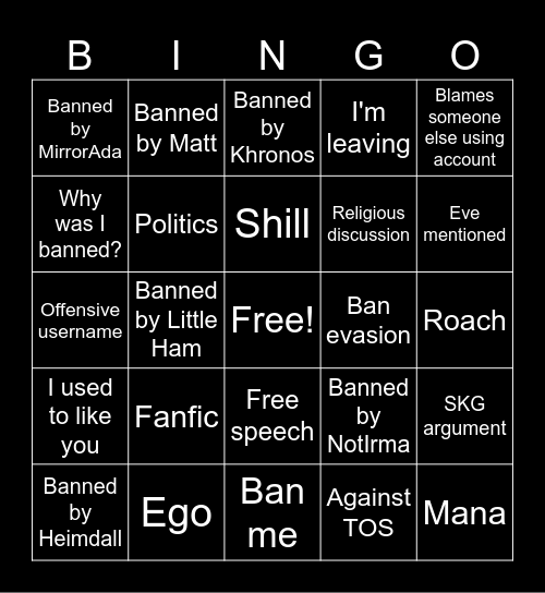 Bam ! Banned ! Bingo Card