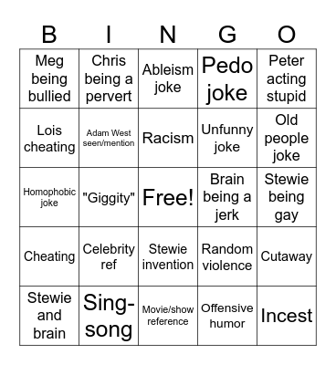 Family guy Bingo Card