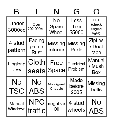 Sh1tbox Bingo Card