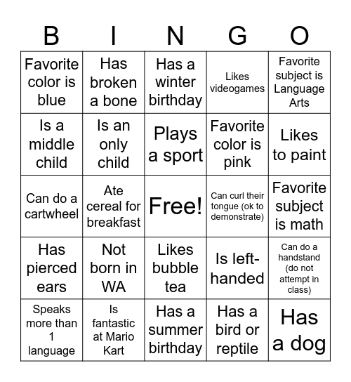 Revamped Classmate Bingo Card