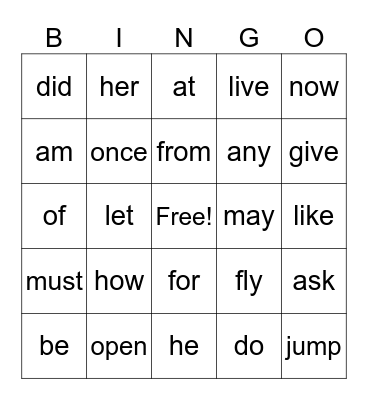 Sight Words Bingo Card