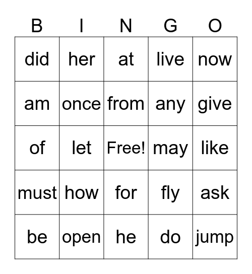 Sight Words Bingo Card