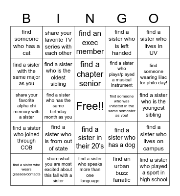 Sisterhood Bingo Card