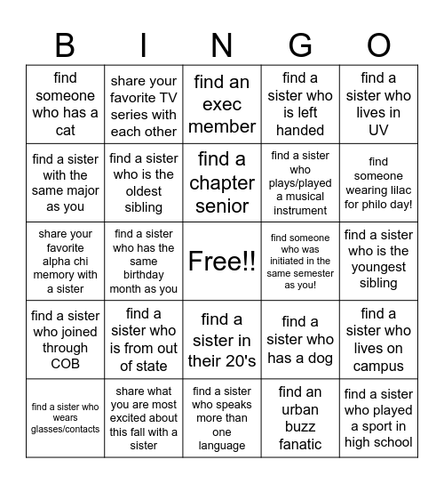 Sisterhood Bingo Card