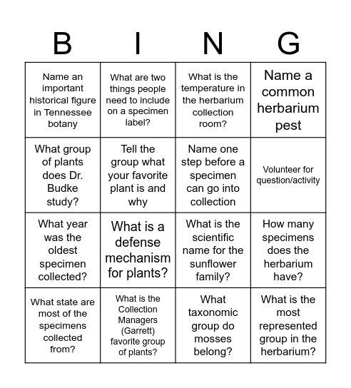 Herbarium Bingo Card