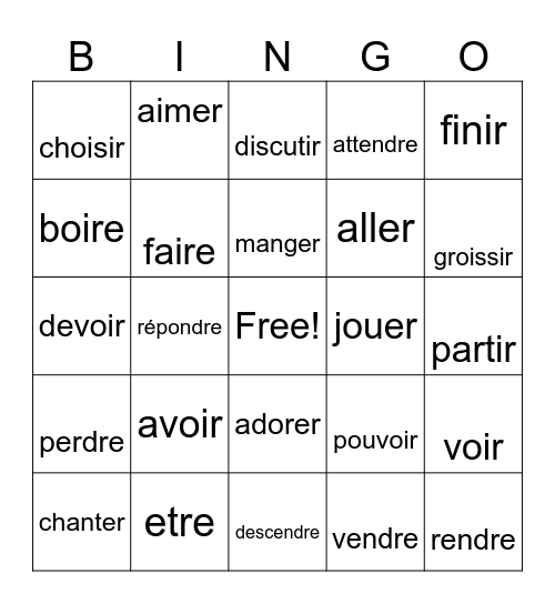 Present Tense Bingo Card