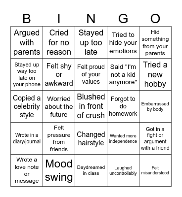 MY ADOLESCENCE DEVELOPMENT Bingo Card