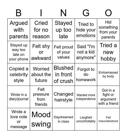 MY ADOLESCENCE DEVELOPMENT Bingo Card